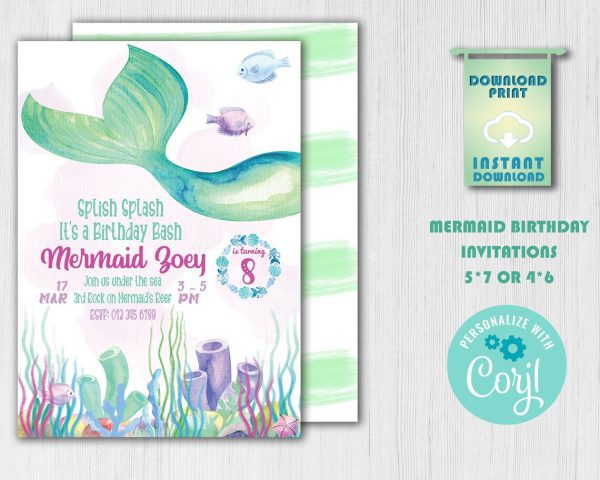 Aqua Mermaid Birthday Invitation