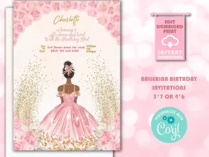 Rose Ballerina Birthday Invitation - Editable and Printable