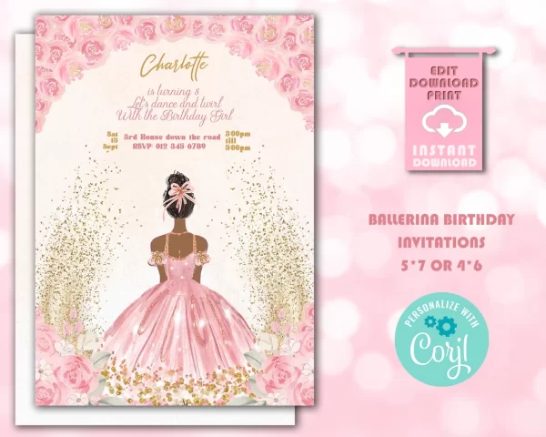 Rose Ballerina Birthday Invitation - Editable and Printable