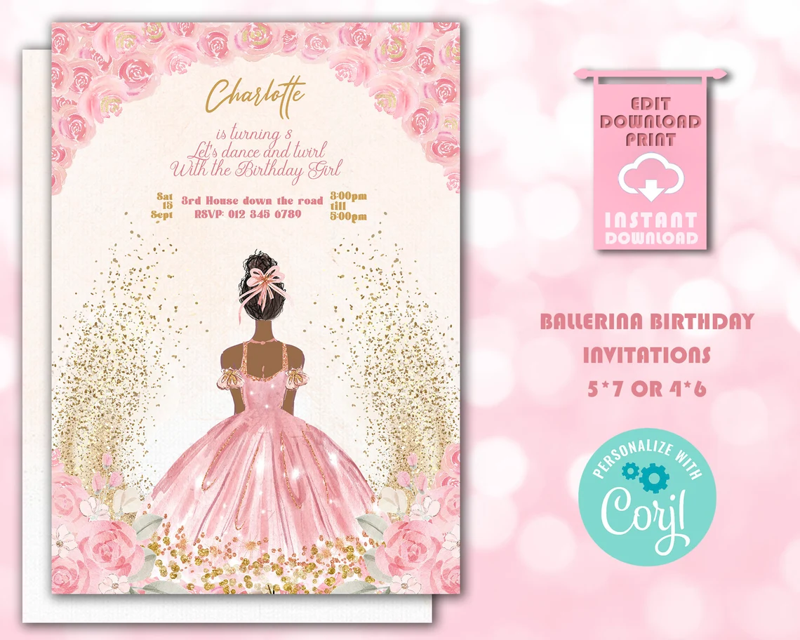 Rose Ballerina Birthday Invitation - Editable and Printable