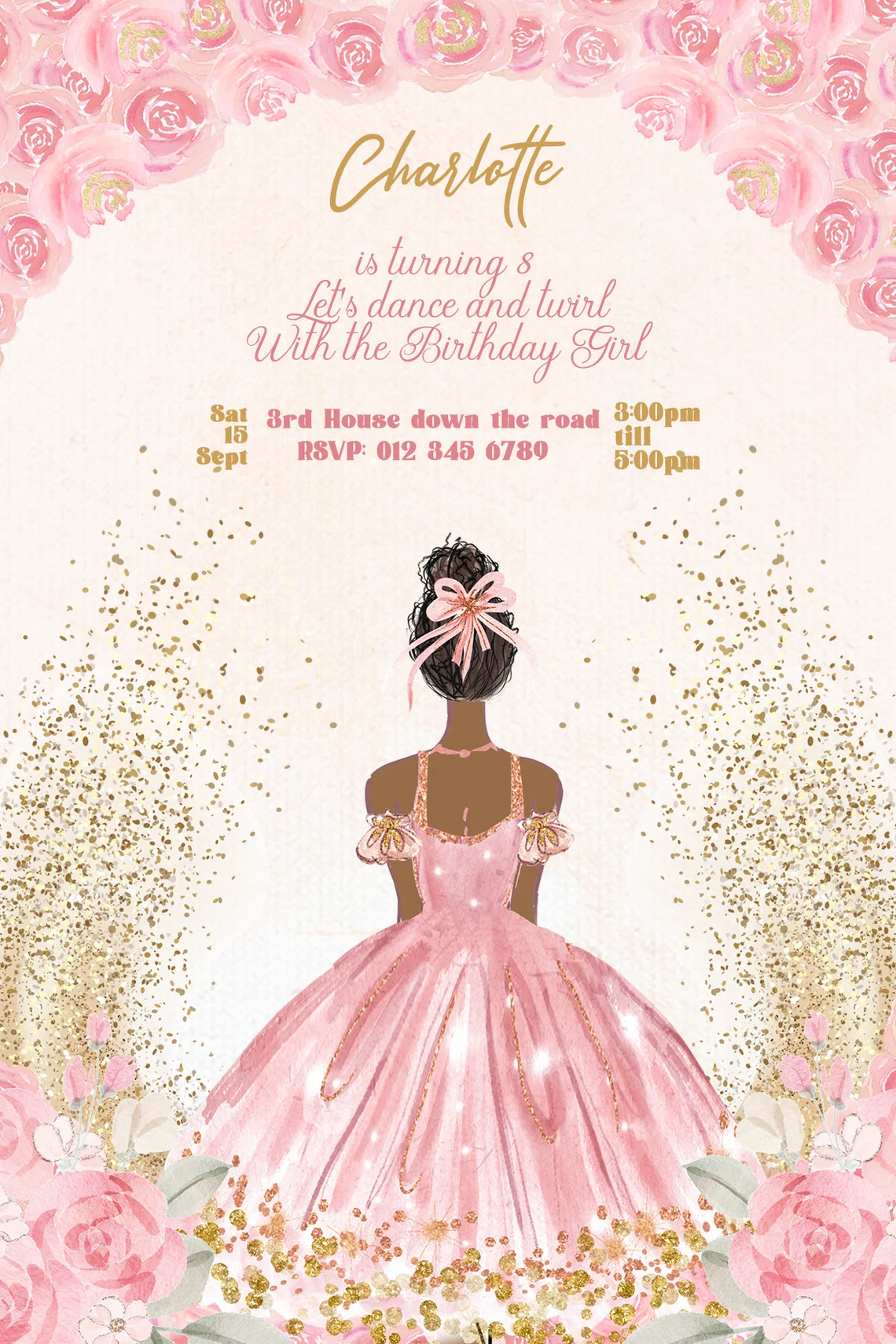 Rose Ballerina Birthday Invitation - Editable and Printable