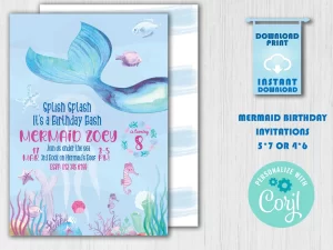 Blue Aqua Mermaid Birthday Invitation