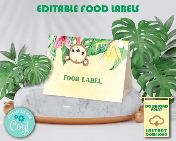 Editable Food Labels, Yellow Safari Animal Birthday Theme