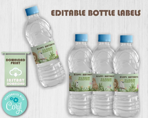 Editable Water Bottle Labels, Brown Safari Animal Birthday Theme