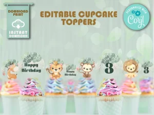 Green Safari Theme Cupcake Toppers, Custom Happy Birthday Toppers