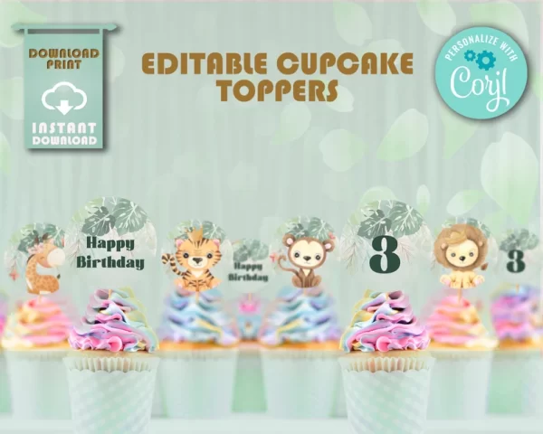 Green Safari Theme Cupcake Toppers, Custom Happy Birthday Toppers