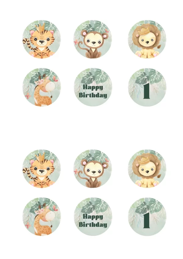 Green Safari Theme Cupcake Toppers, Custom Happy Birthday Toppers