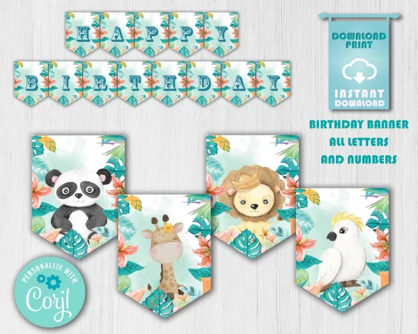 Safari Birthday Banner,  Blue Safari Animals Birthday Theme