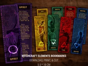 printable 5 Witchcraft Elements Double Sided Bookmarks in red, gold, blue, green and purple