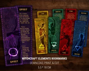 printable 5 Witchcraft Elements Double Sided Bookmarks in red, gold, blue, green and purple