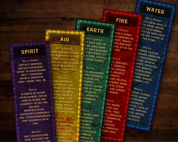 printable 5 Witchcraft Elements Double Sided Bookmarks in red, gold, blue, green and purple