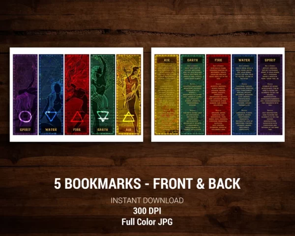 printable 5 Witchcraft Elements Double Sided Bookmarks in red, gold, blue, green and purple