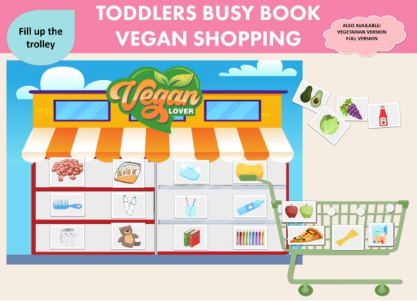 Toddler Vegan Shopping Game Busy Book, pre school early learning, supermarket grocery items, counting money, kindergarten fun activity