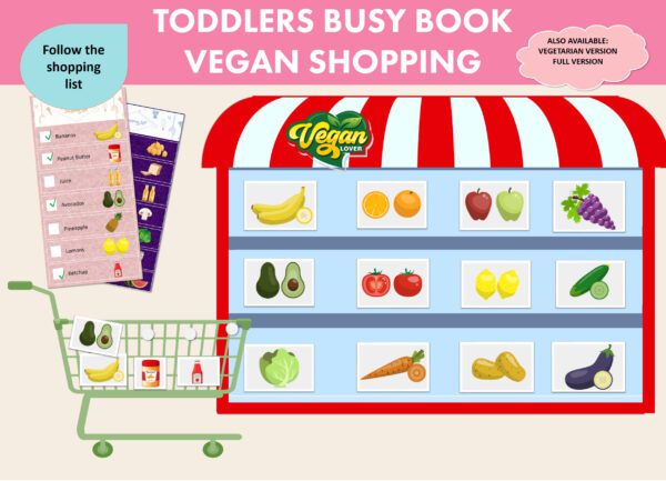 Toddler Vegan Shopping Game Busy Book, pre school early learning, supermarket grocery items, counting money, kindergarten fun activity