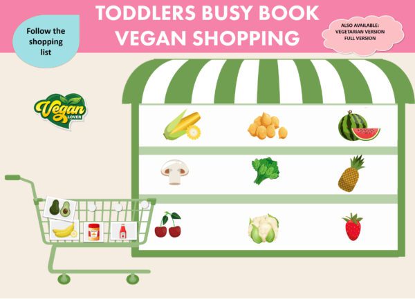 Toddler Vegan Shopping Game Busy Book, pre school early learning, supermarket grocery items, counting money, kindergarten fun activity