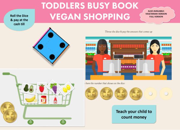 Toddler Vegan Shopping Game Busy Book, pre school early learning, supermarket grocery items, counting money, kindergarten fun activity