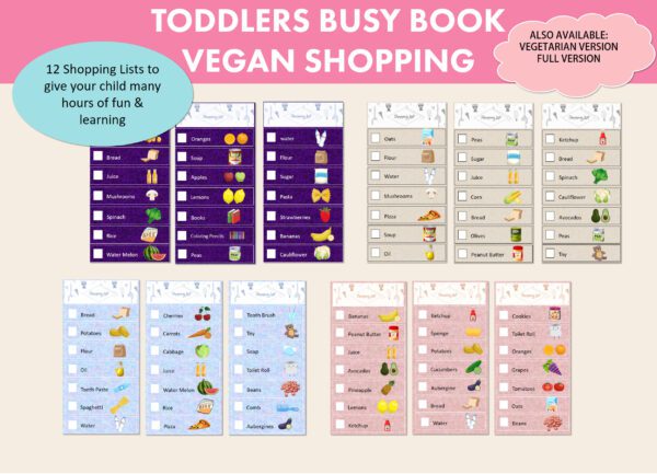 Toddler Vegan Shopping Game Busy Book, pre school early learning, supermarket grocery items, counting money, kindergarten fun activity