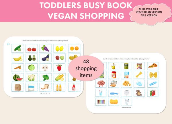 Toddler Vegan Shopping Game Busy Book, pre school early learning, supermarket grocery items, counting money, kindergarten fun activity