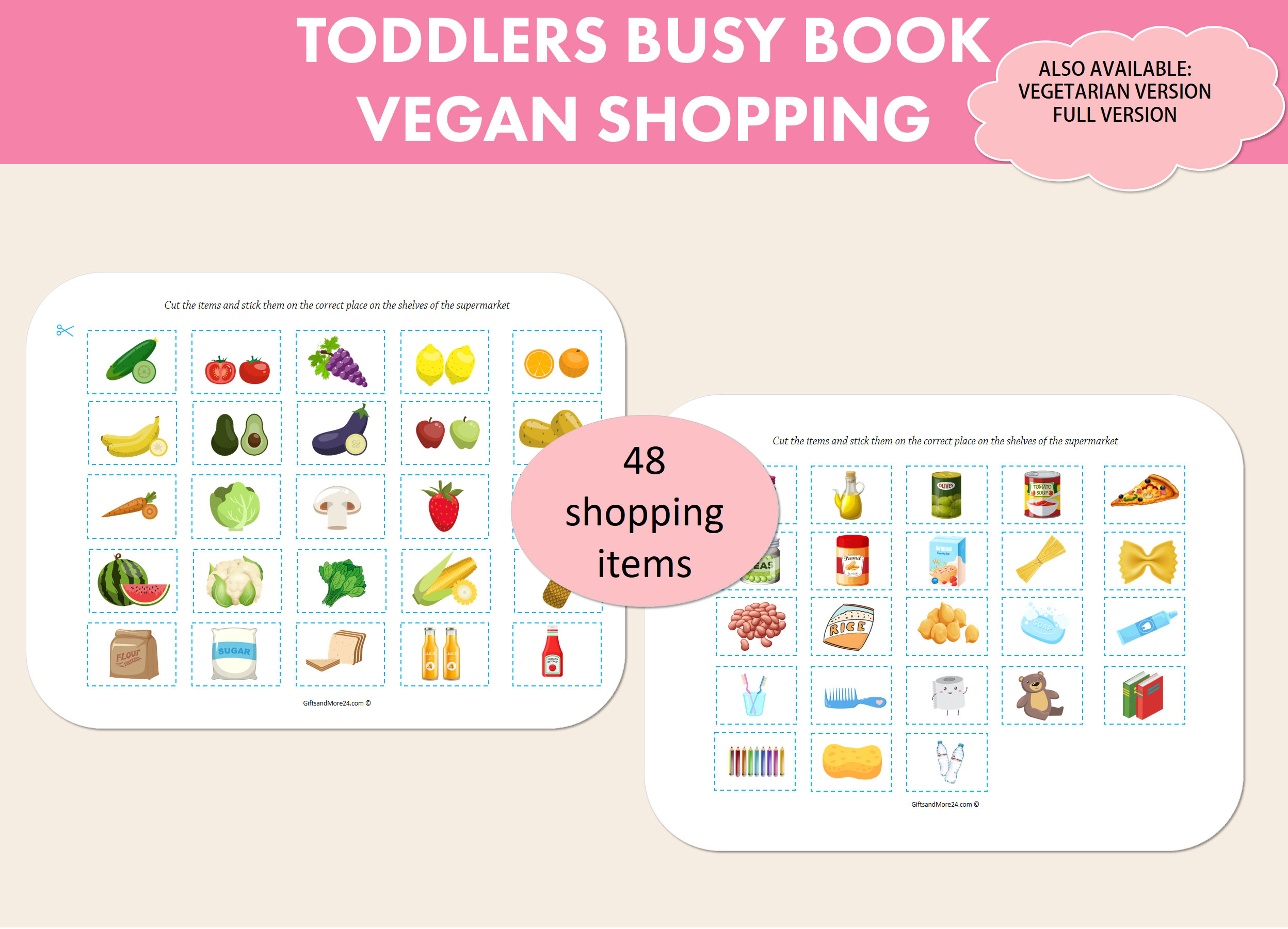 Toddler Vegan Shopping Game Busy Book, pre school early learning, supermarket grocery items, counting money, kindergarten fun activity