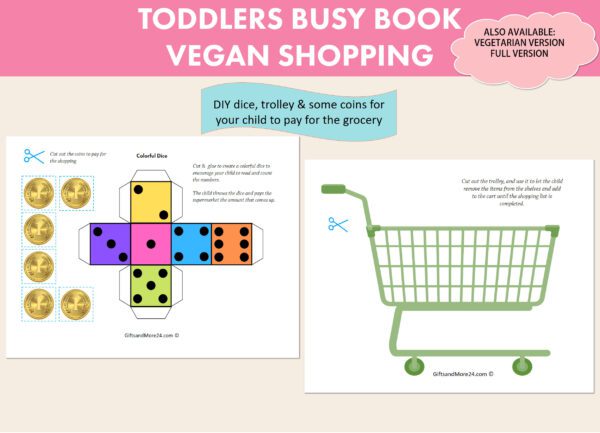 Toddler Vegan Shopping Game Busy Book, pre school early learning, supermarket grocery items, counting money, kindergarten fun activity