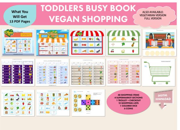 Toddler Vegan Shopping Game Busy Book, pre school early learning, supermarket grocery items, counting money, kindergarten fun activity