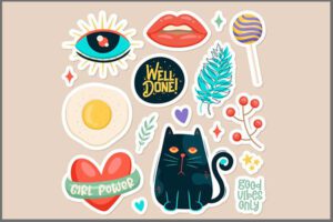 printable digital downloads, graphics, stickers, funky stickers of good vibes, girl power, kitty sticker